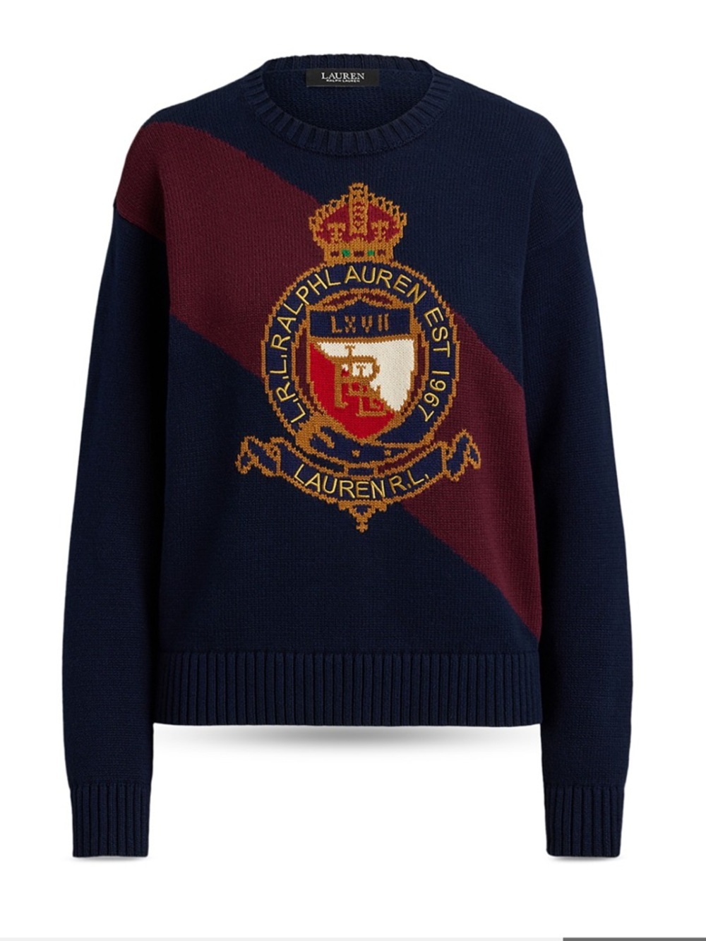 Ralph Lauren Navy Crewneck Sweater with Burgundy Diagonal and Crest - Picture 5 of 5